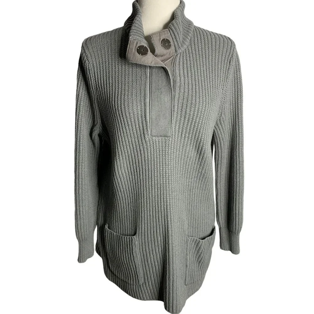 Soft Surroundings Highland Sweater M Grey Snaps Pockets Chunky Rib Knit Tunic - Picture 1 of 6